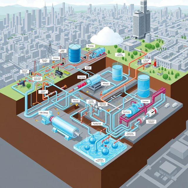 A detailed and intricate illustration of a water network, showcasing a complex system of pipes, valves, water tanks, and reservoirs