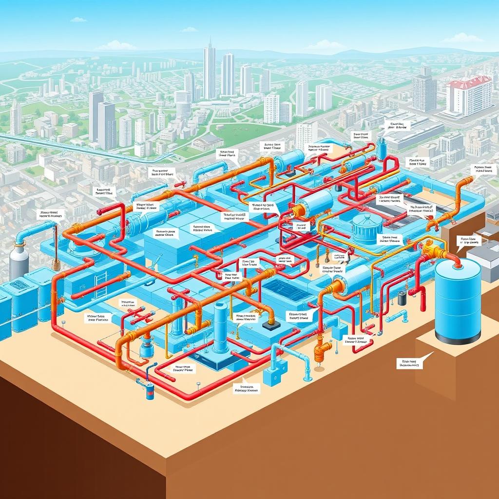 A detailed and intricate illustration of a water network, showcasing a complex system of pipes, valves, water tanks, and reservoirs