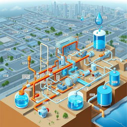 A detailed and intricate illustration of a water network, showcasing a complex system of pipes, valves, water tanks, and reservoirs