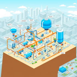 A detailed and intricate illustration of a water network, showcasing a complex system of pipes, valves, water tanks, and reservoirs