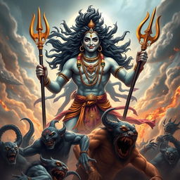 A powerful depiction of Lord Shiva in an epic battle against fierce demons