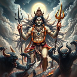 A powerful depiction of Lord Shiva in an epic battle against fierce demons