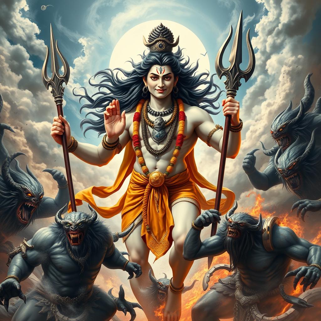 A powerful depiction of Lord Shiva in an epic battle against fierce demons