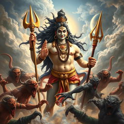 A powerful depiction of Lord Shiva in an epic battle against fierce demons
