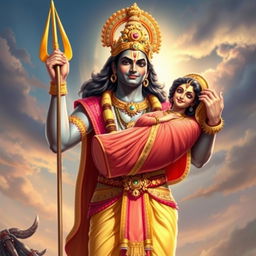 A heroic depiction of Lord Rama, a very handsome and masculine figure, standing victoriously after slaying all the demons