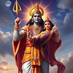 A heroic depiction of Lord Rama, a very handsome and masculine figure, standing victoriously after slaying all the demons