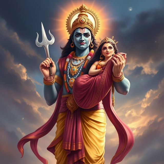 A heroic depiction of Lord Rama, a very handsome and masculine figure, standing victoriously after slaying all the demons