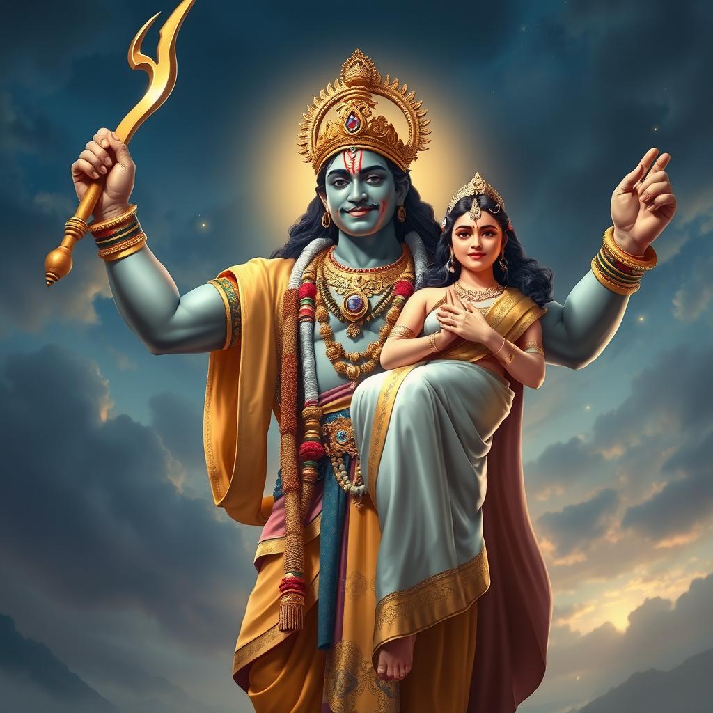 A heroic depiction of Lord Rama, a very handsome and masculine figure, standing victoriously after slaying all the demons