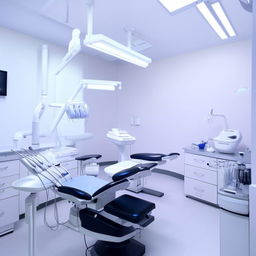 Four modern, clean, and well-equipped dental rooms in a professional dental center. Each room should have a dental chair, instruments, and excellent lighting.