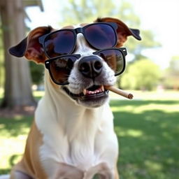 A cool dog wearing stylish sunglasses and smoking a cigarette, sitting confidently