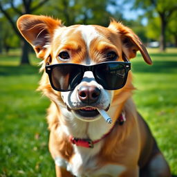 A cool dog wearing stylish sunglasses and smoking a cigarette, sitting confidently