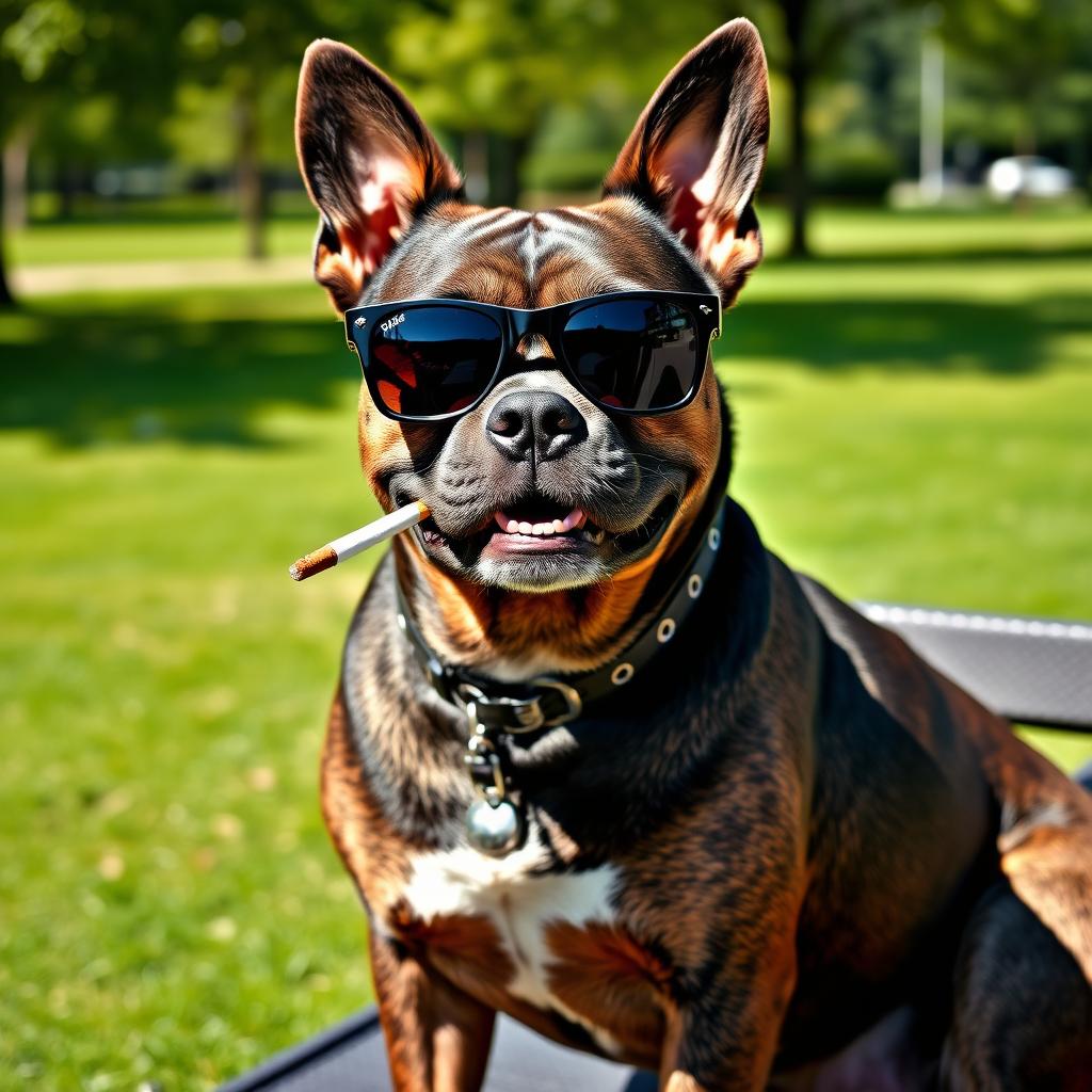 A cool dog wearing stylish sunglasses and smoking a cigarette, sitting confidently