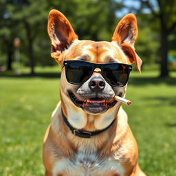 A cool dog wearing stylish sunglasses and smoking a cigarette, sitting confidently