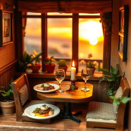 A beautifully designed miniature restaurant scene, showcasing a cozy and charming atmosphere