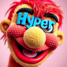 A close-up of a puppet face styled in a vibrant, cartoonish manner, featuring exaggerated expressive features like big, bright eyes and a wide, playful smile