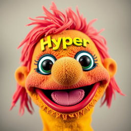 A close-up of a puppet face styled in a vibrant, cartoonish manner, featuring exaggerated expressive features like big, bright eyes and a wide, playful smile