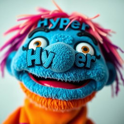 A close-up of a puppet face styled in a vibrant, cartoonish manner, featuring exaggerated expressive features like big, bright eyes and a wide, playful smile