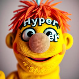 A close-up of a puppet face styled in a vibrant, cartoonish manner, featuring exaggerated expressive features like big, bright eyes and a wide, playful smile