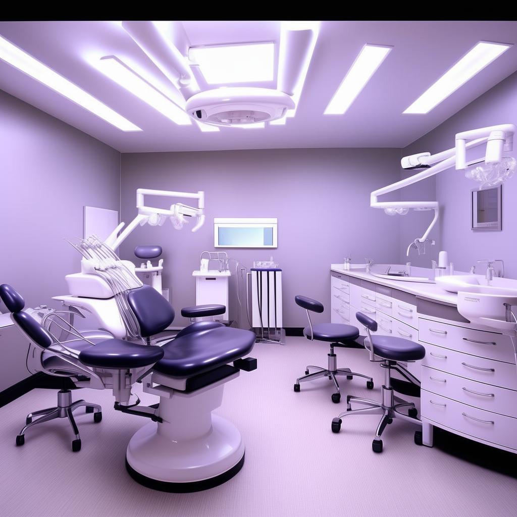 Four modern, clean, and well-equipped dental rooms in a professional dental center. Each room should have a dental chair, instruments, and excellent lighting.