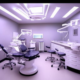 Four modern, clean, and well-equipped dental rooms in a professional dental center. Each room should have a dental chair, instruments, and excellent lighting.