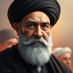 A digital artwork depicting the upper body of Sayyed Hassan Nasrallah, showcasing his distinctive features and beard