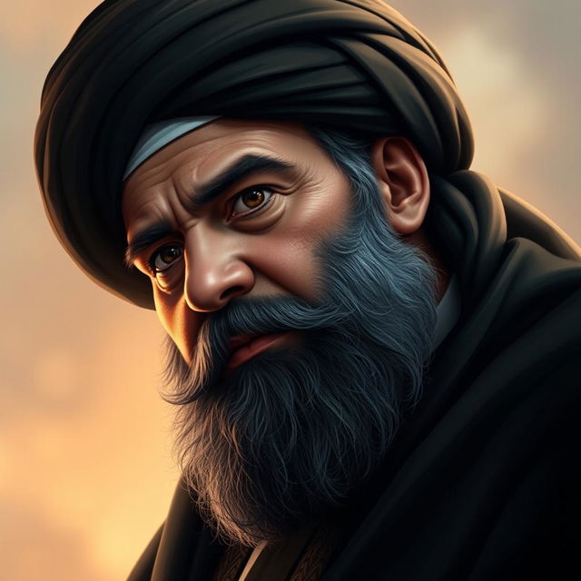 A digital artwork depicting the upper body of Sayyed Hassan Nasrallah, showcasing his distinctive features and beard