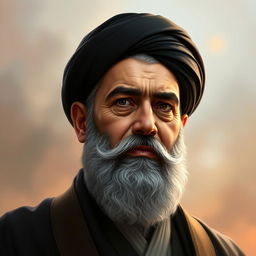 A digital artwork depicting the upper body of Sayyed Hassan Nasrallah, showcasing his distinctive features and beard