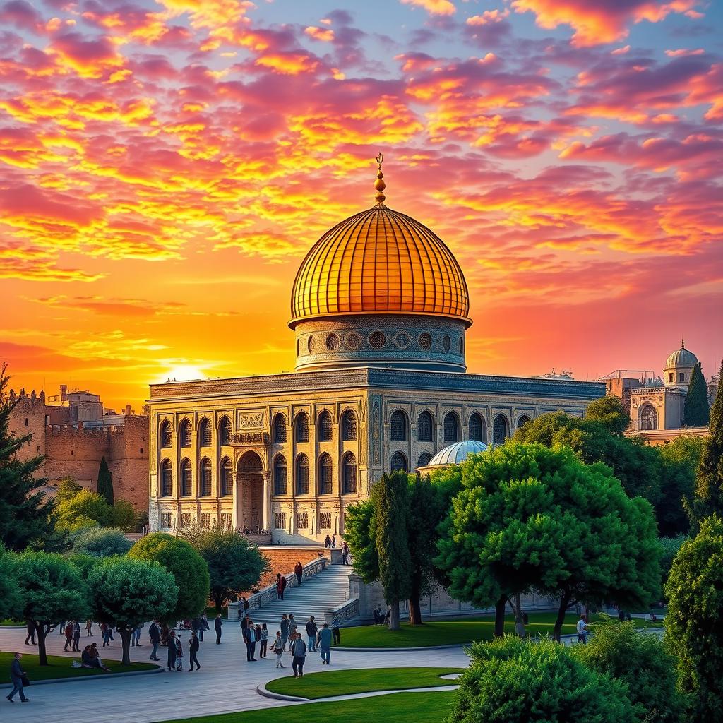 A stunning digital artwork of the Al-Aqsa Mosque, featuring its iconic golden dome, intricate architectural details, and magnificent surrounding landscapes
