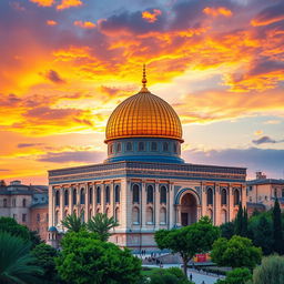 A stunning digital artwork of the Al-Aqsa Mosque, featuring its iconic golden dome, intricate architectural details, and magnificent surrounding landscapes