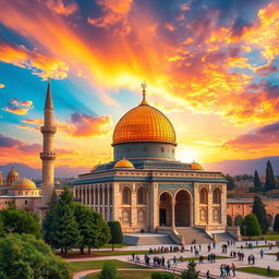 A stunning digital artwork of the Al-Aqsa Mosque, featuring its iconic golden dome, intricate architectural details, and magnificent surrounding landscapes