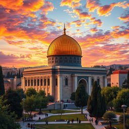 A stunning digital artwork of the Al-Aqsa Mosque, featuring its iconic golden dome, intricate architectural details, and magnificent surrounding landscapes