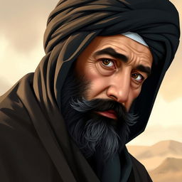A highly detailed digital illustration of Sayyed Hassan Nasrallah's upper body, capturing his distinctive features and presence