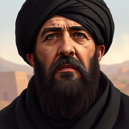 A highly detailed digital illustration of Sayyed Hassan Nasrallah's upper body, capturing his distinctive features and presence