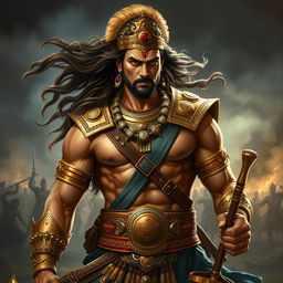 A striking depiction of Duryodhana, a character from the Indian epic Mahabharata, depicted as a muscular and formidable warrior