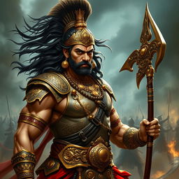 A striking depiction of Duryodhana, a character from the Indian epic Mahabharata, depicted as a muscular and formidable warrior