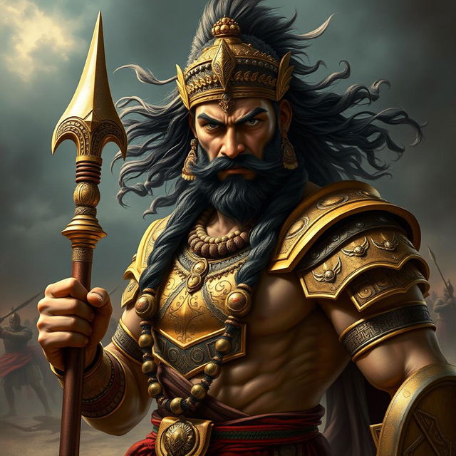 A striking depiction of Duryodhana, a character from the Indian epic Mahabharata, depicted as a muscular and formidable warrior