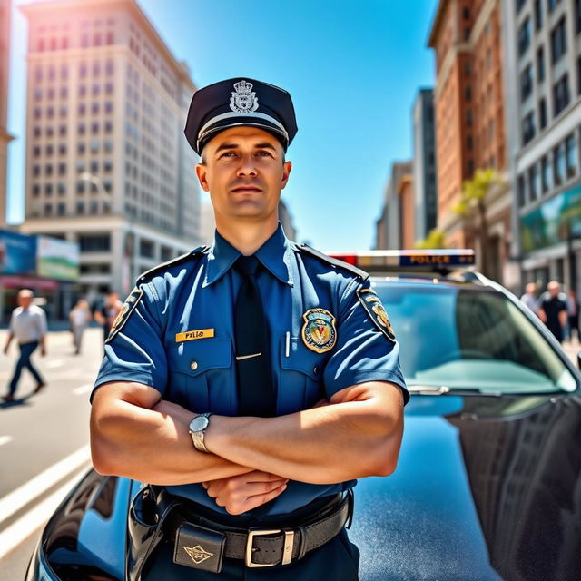A confident policeman standing next to a sleek police car, wearing a traditional blue police uniform complete with a badge and a cap