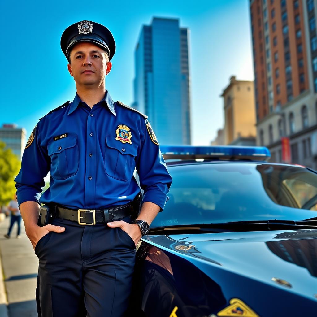 A confident policeman standing next to a sleek police car, wearing a traditional blue police uniform complete with a badge and a cap