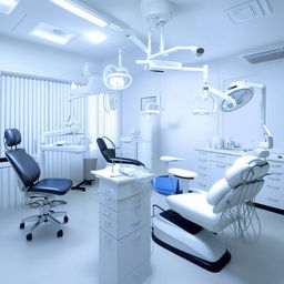 Four modern, clean, and well-equipped dental rooms in a professional dental center. Each room should have a dental chair, instruments, and excellent lighting.