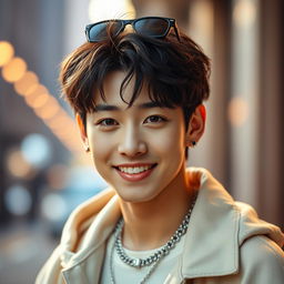 A stunning portrait of Jeon Jungkook, showcasing his charismatic smile and expressive eyes