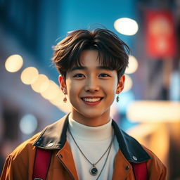 A stunning portrait of Jeon Jungkook, showcasing his charismatic smile and expressive eyes