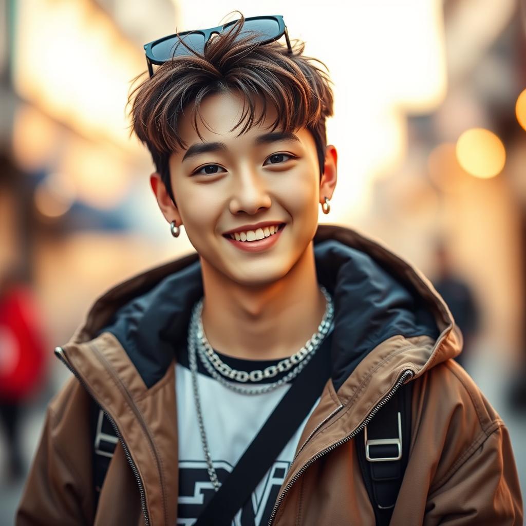 A stunning portrait of Jeon Jungkook, showcasing his charismatic smile and expressive eyes