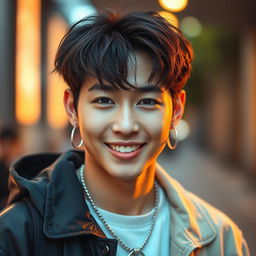 A stunning portrait of Jeon Jungkook, showcasing his charismatic smile and expressive eyes