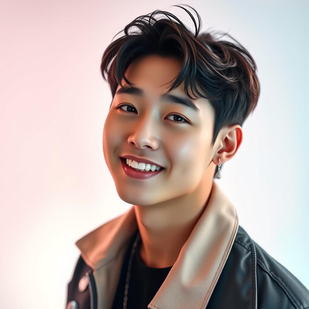 A stunning portrait of Jeon Jungkook from BTS, showcasing his charismatic smile and expressive eyes