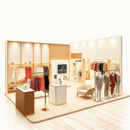 A detailed layout design for a clothing booth at a trade show, showcasing various clothing items including dresses, jackets, and accessories