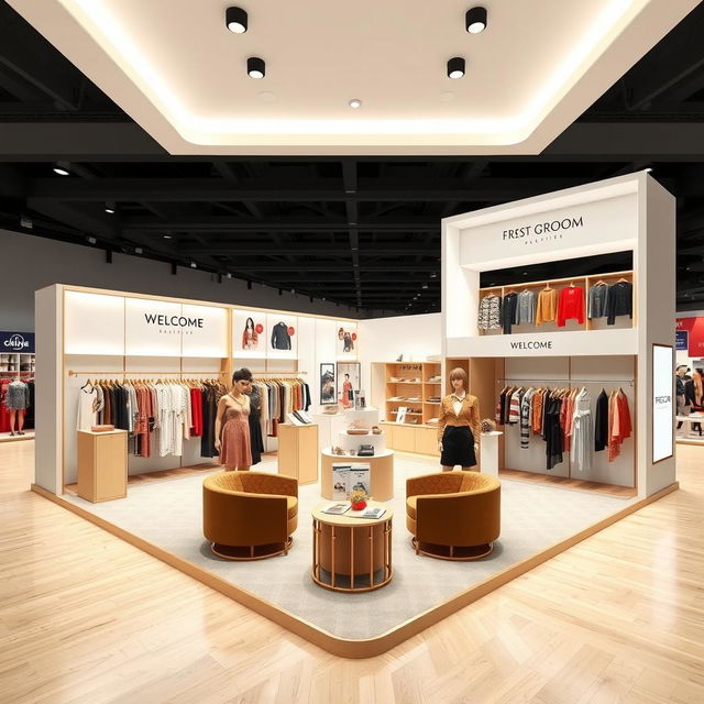 A detailed layout design for a clothing booth at a trade show, showcasing various clothing items including dresses, jackets, and accessories