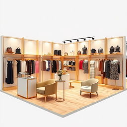 A detailed layout design for a clothing booth at a trade show, showcasing various clothing items including dresses, jackets, and accessories