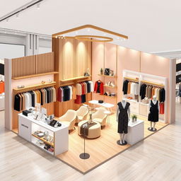 A detailed layout design for a clothing booth at a trade show, showcasing various clothing items including dresses, jackets, and accessories