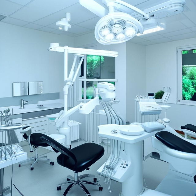 Four modern, clean, and well-equipped dental rooms in a professional dental center. Each room should have a dental chair, instruments, and excellent lighting.