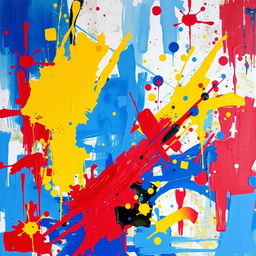 An abstract expressionist action painting in vivid colors, showcasing dynamic brushstrokes and splatters that convey energy and movement